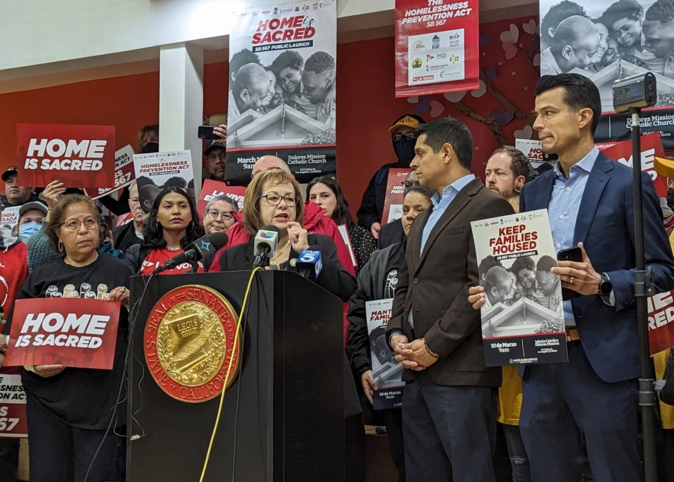 Sen. María Elena Durazo (D-Los Angeles) speaks at the Aliso-Pico Recreation Center in Boyle Heights on Friday, March 10, 2023, in support of a bill she’s authoring, called the Homelessness Prevention Act, which would provide more protections to tenants.